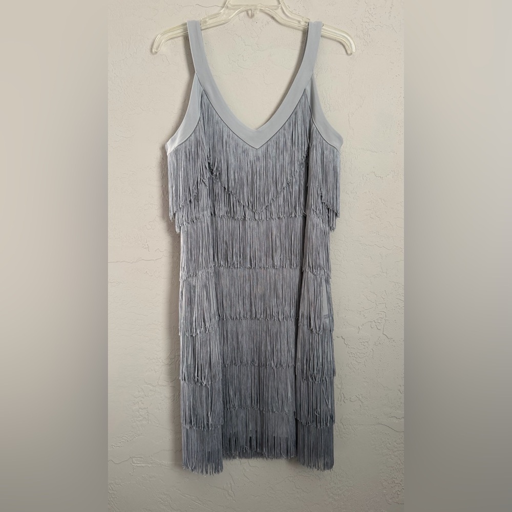 NWT White House Black Market Silver/Gray Fringe/Tassel/Flapper 1920s Dress, Sz M